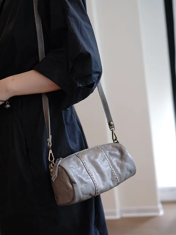Gray Womens Rivets Small Barrel Shoulder Bag Small Rivets Bucket Crossbody Purse for Ladies