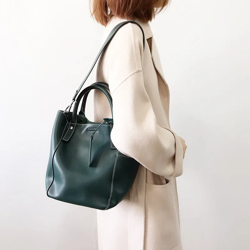 Green LEATHER WOMEN Bucket Handbag Barrel Shoulder Purses FOR WOMEN