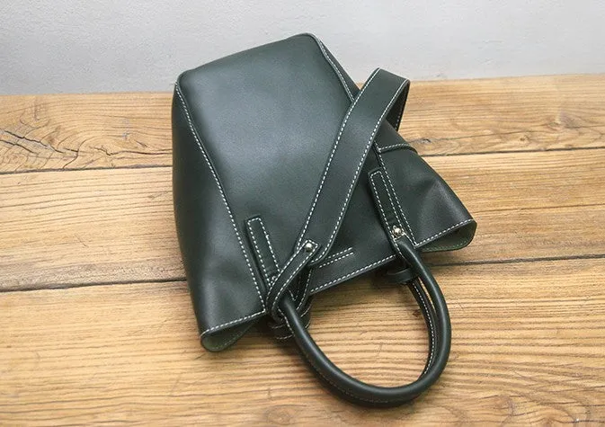 Green LEATHER WOMEN Bucket Handbag Barrel Shoulder Purses FOR WOMEN