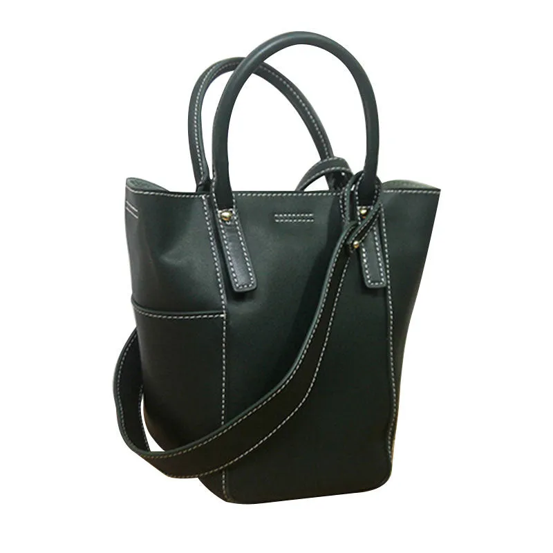Green LEATHER WOMEN Bucket Handbag Barrel Shoulder Purses FOR WOMEN