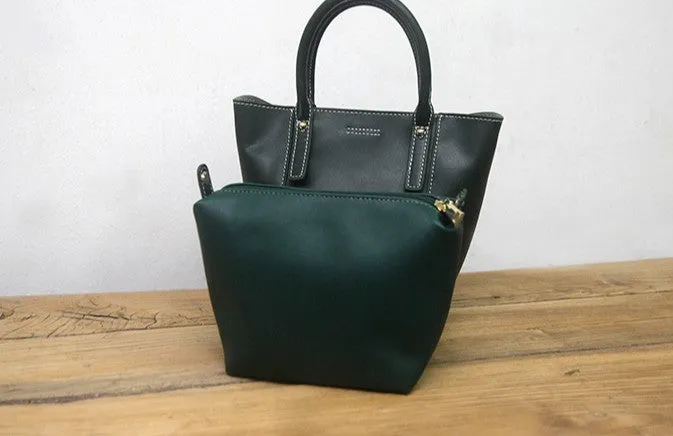 Green LEATHER WOMEN Bucket Handbag Barrel Shoulder Purses FOR WOMEN