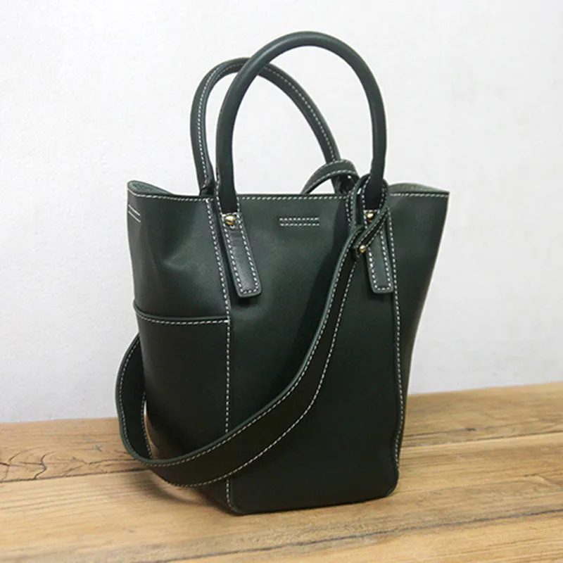 Green LEATHER WOMEN Bucket Handbag Barrel Shoulder Purses FOR WOMEN