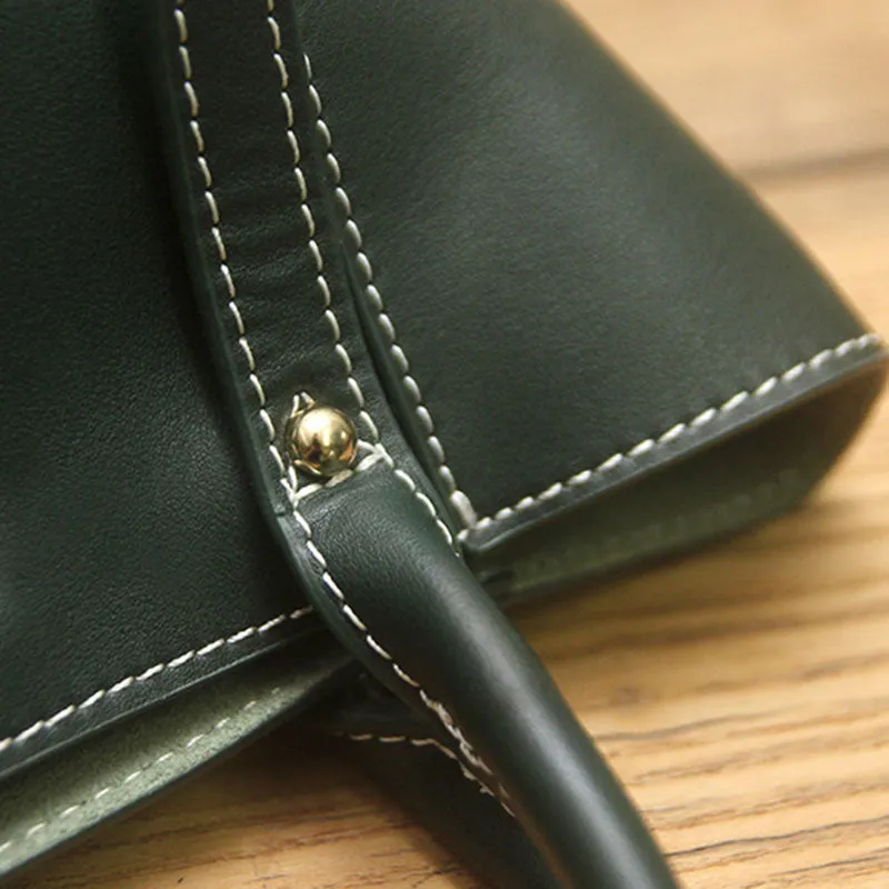 Green LEATHER WOMEN Bucket Handbag Barrel Shoulder Purses FOR WOMEN