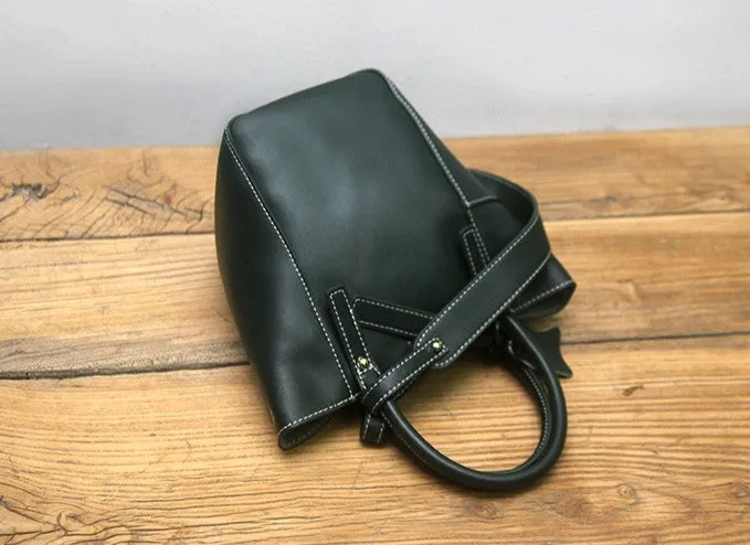 Green LEATHER WOMEN Bucket Handbag Barrel Shoulder Purses FOR WOMEN