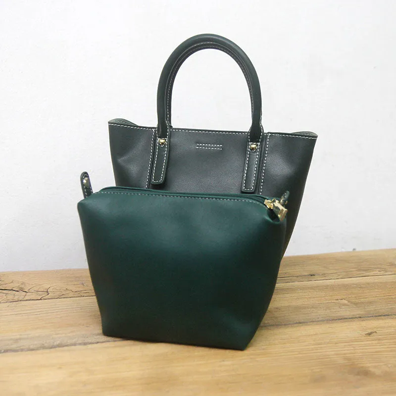 Green LEATHER WOMEN Bucket Handbag Barrel Shoulder Purses FOR WOMEN