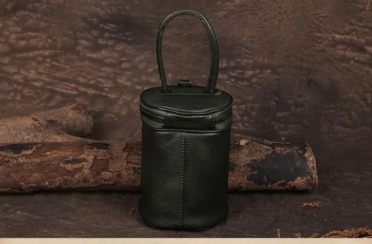 Green Womens Leather Bucket Handbag Womens Barrel Purse Small Bucket Shoulder Purse