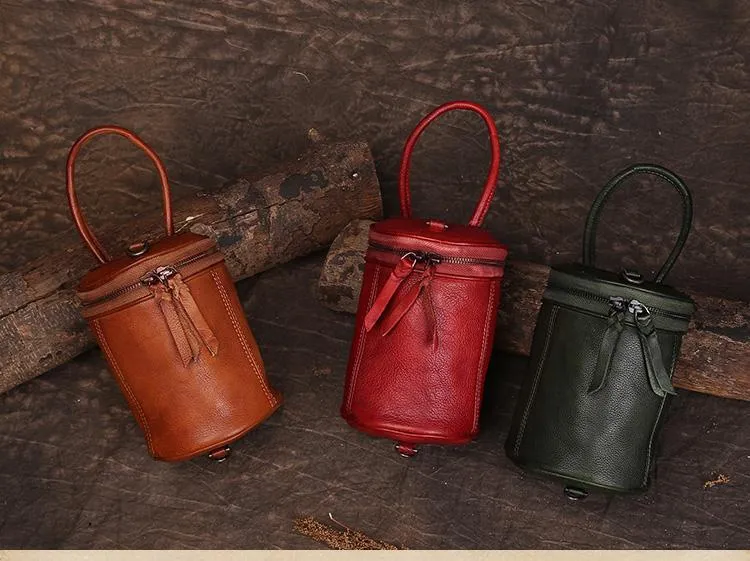 Green Womens Leather Bucket Handbag Womens Barrel Purse Small Bucket Shoulder Purse