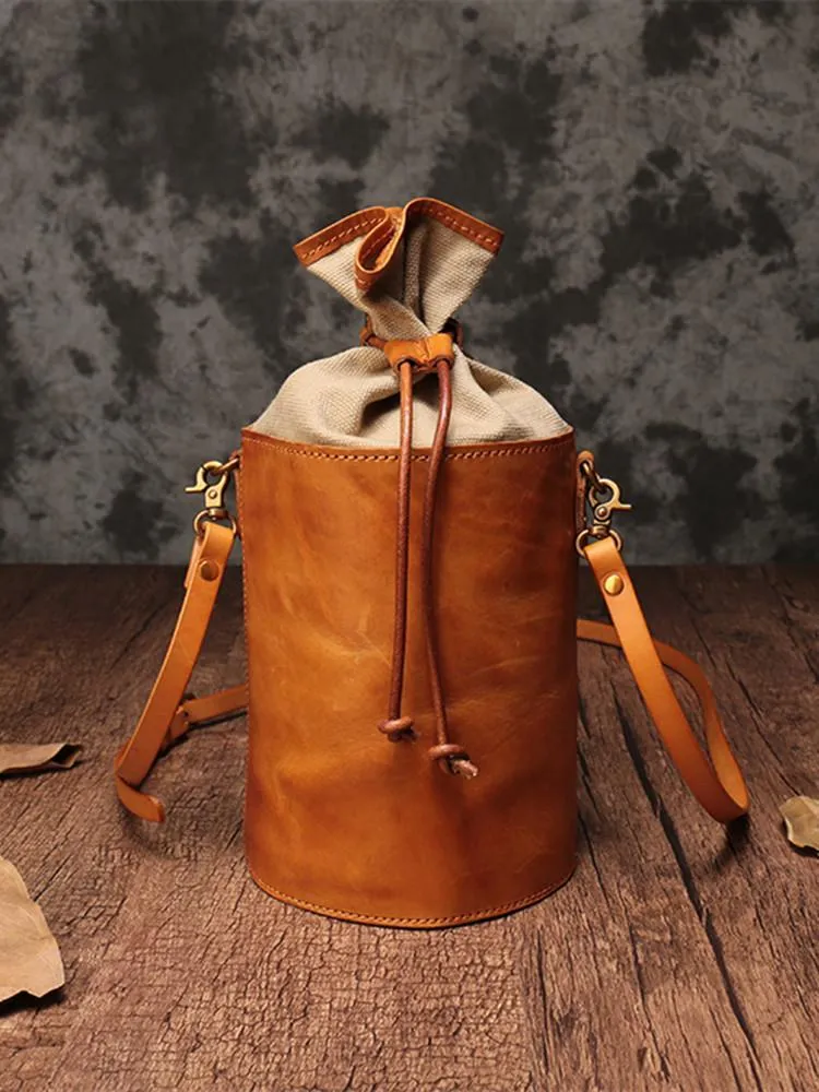 Green WOmens Leather Shoulder Bag Bucket Bag Small Brown Crossbody Barrel Bag Bucket Purse for ladies