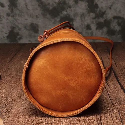 Green WOmens Leather Shoulder Bag Bucket Bag Small Brown Crossbody Barrel Bag Bucket Purse for ladies