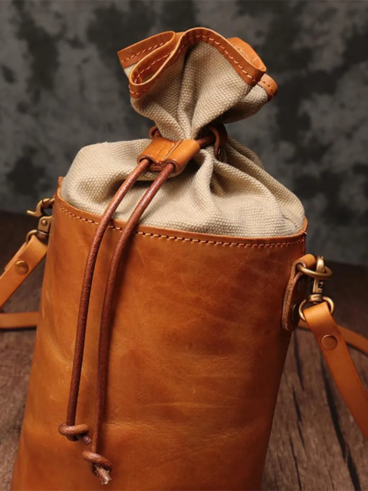 Green WOmens Leather Shoulder Bag Bucket Bag Small Brown Crossbody Barrel Bag Bucket Purse for ladies