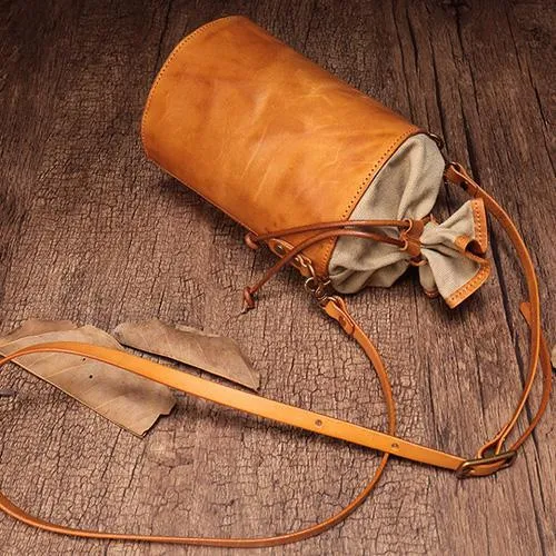 Green WOmens Leather Shoulder Bag Bucket Bag Small Brown Crossbody Barrel Bag Bucket Purse for ladies