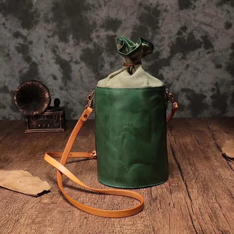 Green WOmens Leather Shoulder Bag Bucket Bag Small Brown Crossbody Barrel Bag Bucket Purse for ladies