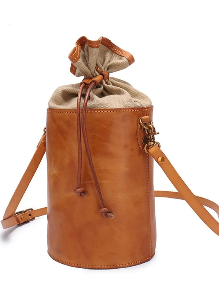 Green WOmens Leather Shoulder Bag Bucket Bag Small Brown Crossbody Barrel Bag Bucket Purse for ladies
