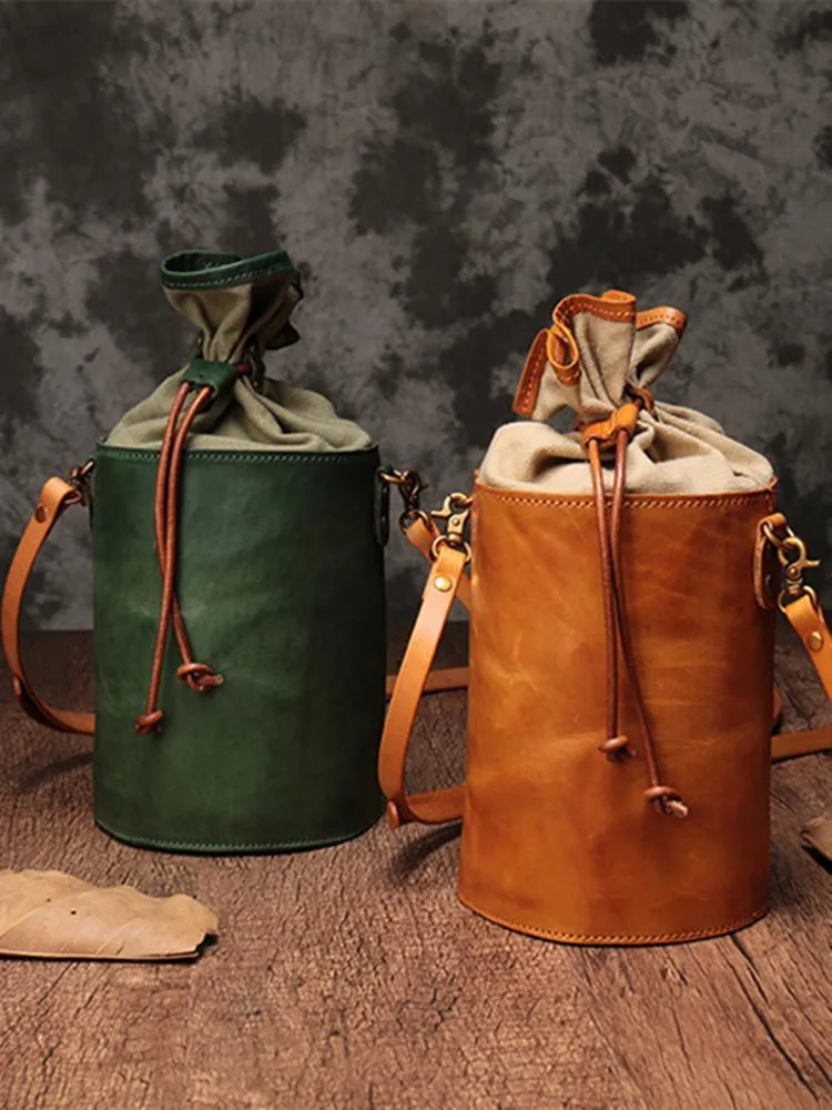 Green WOmens Leather Shoulder Bag Bucket Bag Small Brown Crossbody Barrel Bag Bucket Purse for ladies