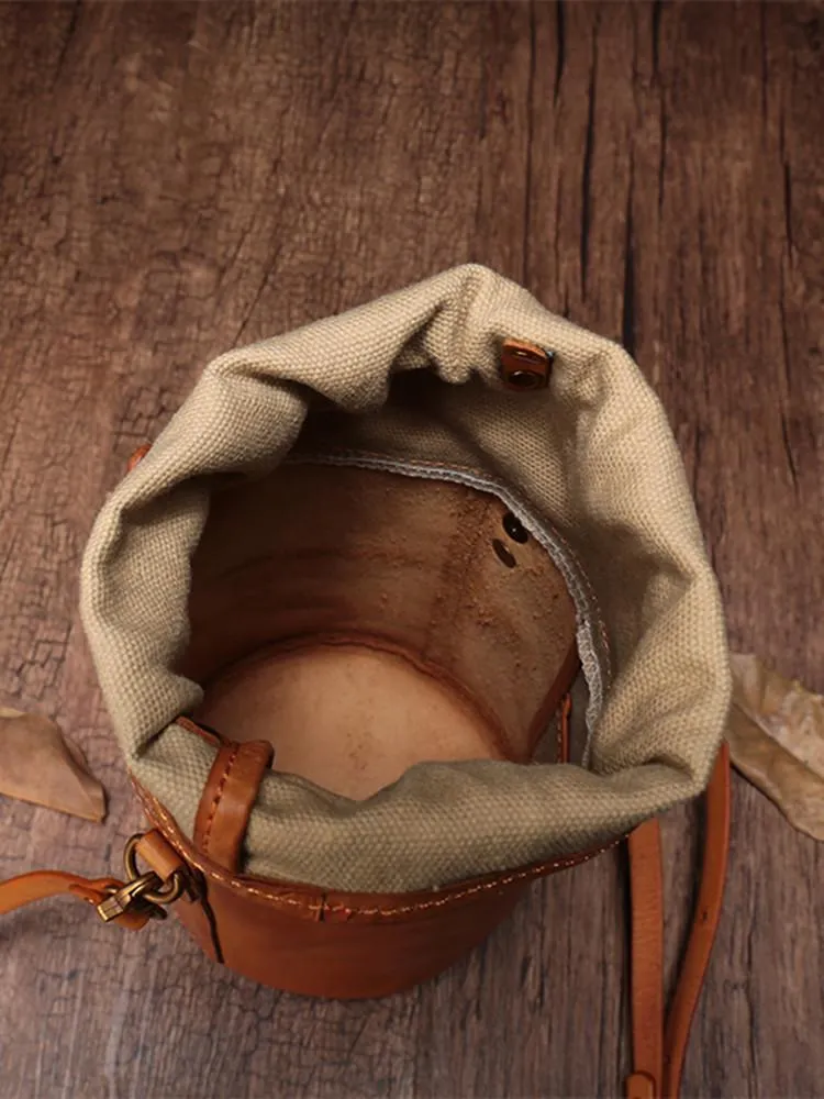 Green WOmens Leather Shoulder Bag Bucket Bag Small Brown Crossbody Barrel Bag Bucket Purse for ladies