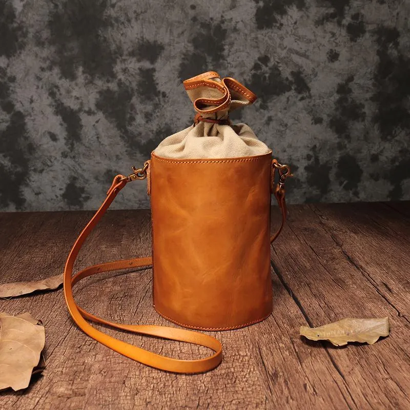 Green WOmens Leather Shoulder Bag Bucket Bag Small Brown Crossbody Barrel Bag Bucket Purse for ladies