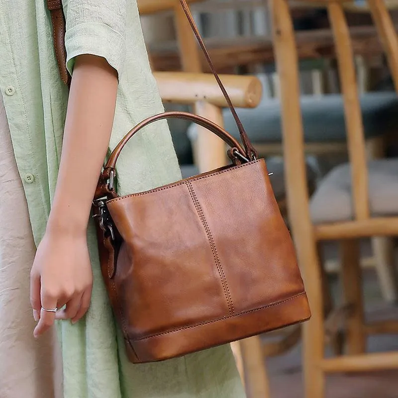 Grey Ladies Vintage Leather Bucket Handbag Leather Bucket Brown Shoulder Bag Barrel Purse for Women