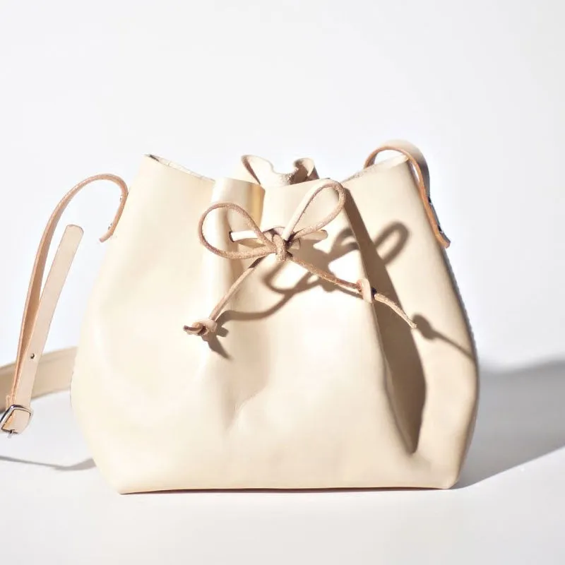 Handmade Beige Women Leather bucket crossbody bag Barrel shoulder bag for women