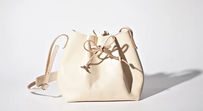 Handmade Beige Women Leather bucket crossbody bag Barrel shoulder bag for women