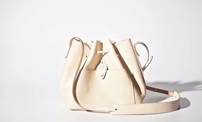 Handmade Beige Women Leather bucket crossbody bag Barrel shoulder bag for women