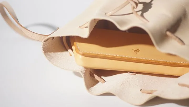 Handmade Beige Women Leather bucket crossbody bag Barrel shoulder bag for women