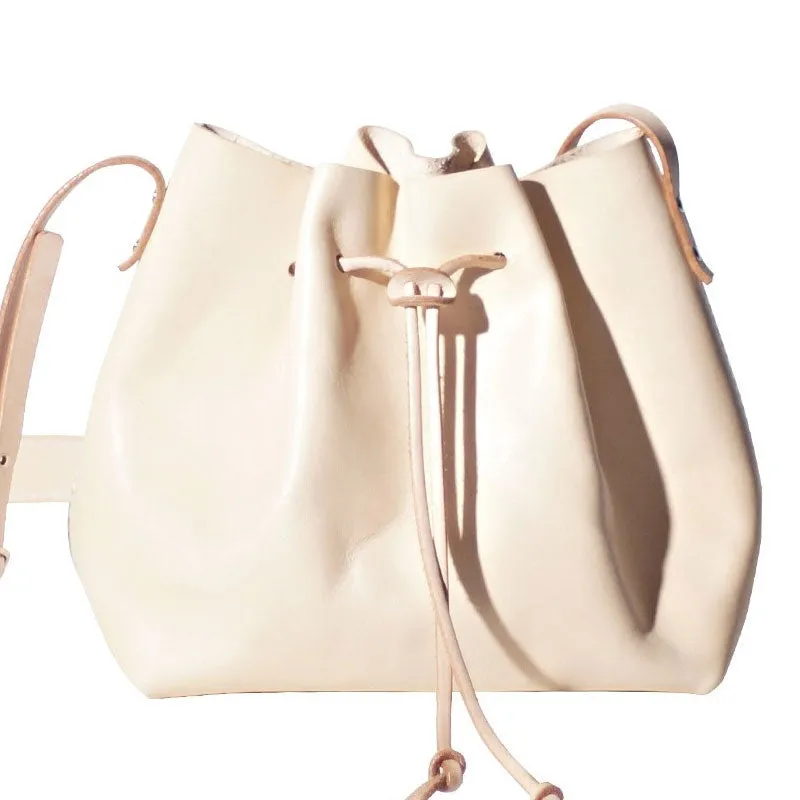 Handmade Beige Women Leather bucket crossbody bag Barrel shoulder bag for women