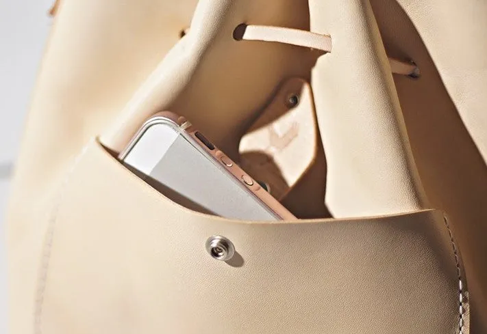 Handmade Beige Women Leather bucket crossbody bag Barrel shoulder bag for women