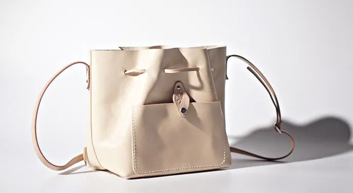 Handmade Beige Women Leather bucket crossbody bag Barrel shoulder bag for women