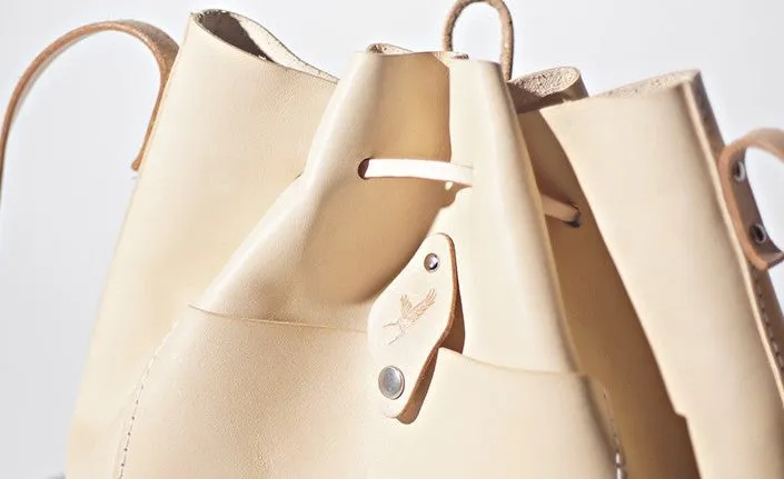 Handmade Beige Women Leather bucket crossbody bag Barrel shoulder bag for women