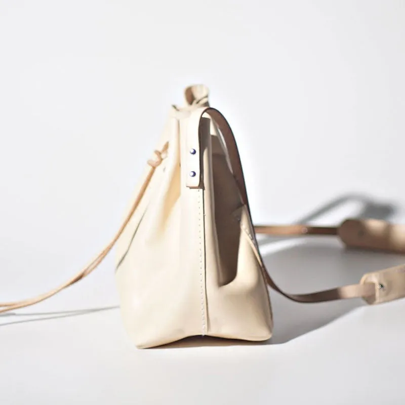 Handmade Beige Women Leather bucket crossbody bag Barrel shoulder bag for women