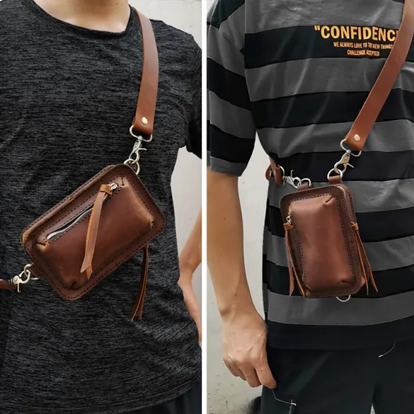 Handmade Brown LEATHER MEN Belt Pouch Waist BAG MIni Green Side Bag Belt Bag FOR MEN
