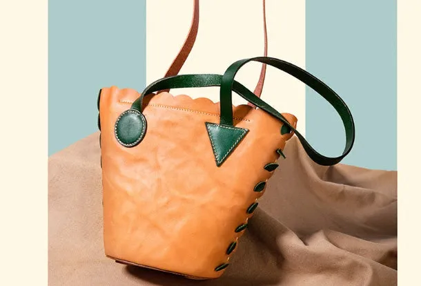 Handmade Genuine Leather Shopper Bag Bucket Bag Shoulder Bag Purse For Women