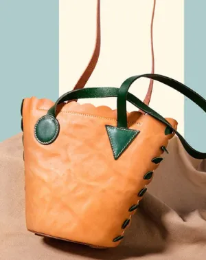 Handmade Genuine Leather Shopper Bag Bucket Bag Shoulder Bag Purse For Women