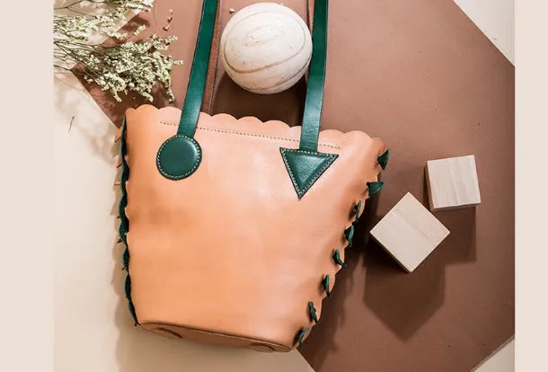 Handmade Genuine Leather Shopper Bag Bucket Bag Shoulder Bag Purse For Women