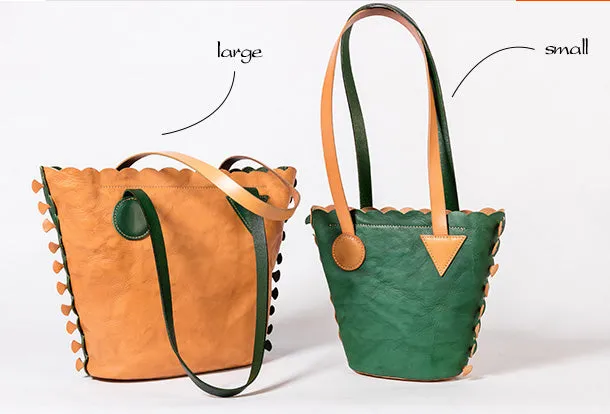 Handmade Genuine Leather Shopper Bag Bucket Bag Shoulder Bag Purse For Women