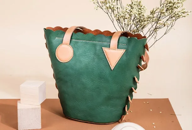 Handmade Genuine Leather Shopper Bag Bucket Bag Shoulder Bag Purse For Women
