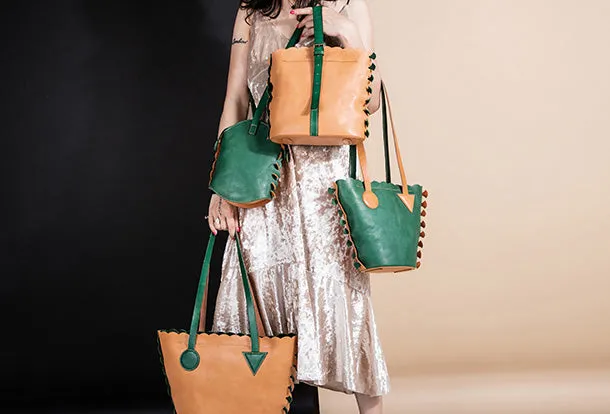 Handmade Genuine Leather Shopper Bag Bucket Bag Shoulder Bag Purse For Women