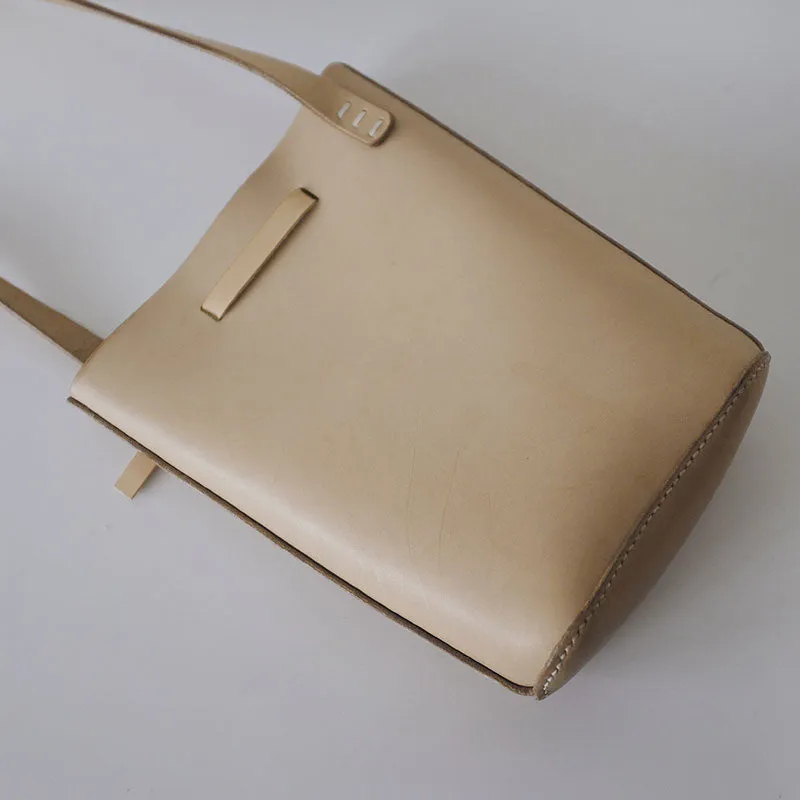 Handmade Leather Beige Womens Bucket Purse Barrel Shoulder Bag for Women