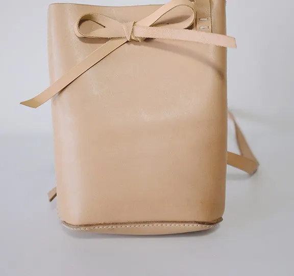 Handmade Leather Beige Womens Bucket Purse Barrel Shoulder Bag for Women