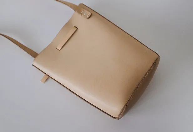 Handmade Leather Beige Womens Bucket Purse Barrel Shoulder Bag for Women