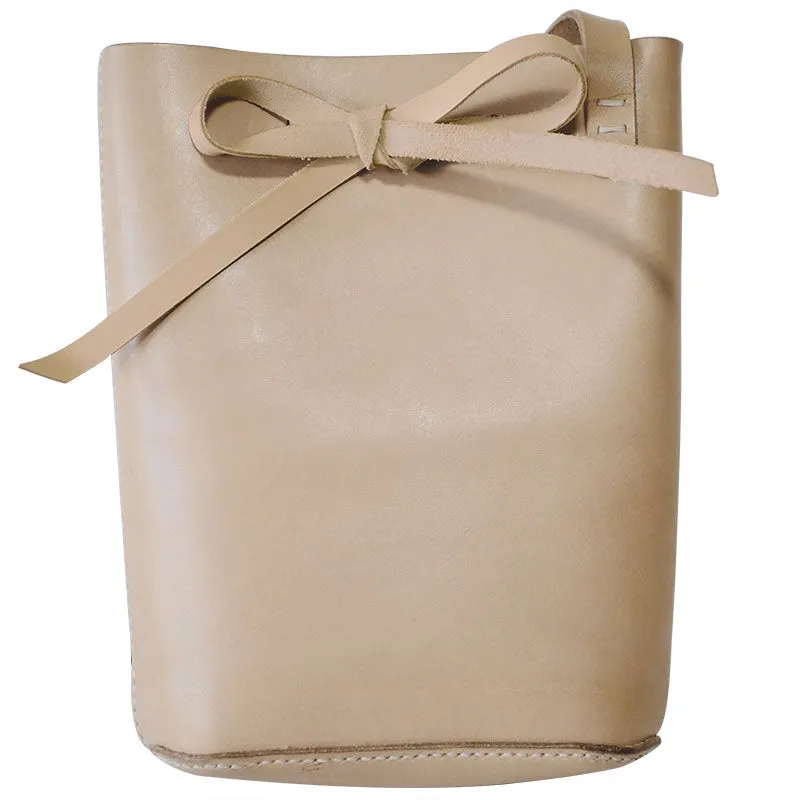 Handmade Leather Beige Womens Bucket Purse Barrel Shoulder Bag for Women