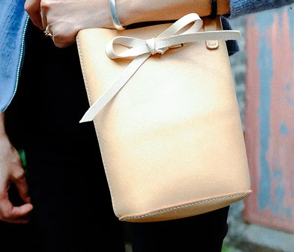 Handmade Leather Beige Womens Bucket Purse Barrel Shoulder Bag for Women