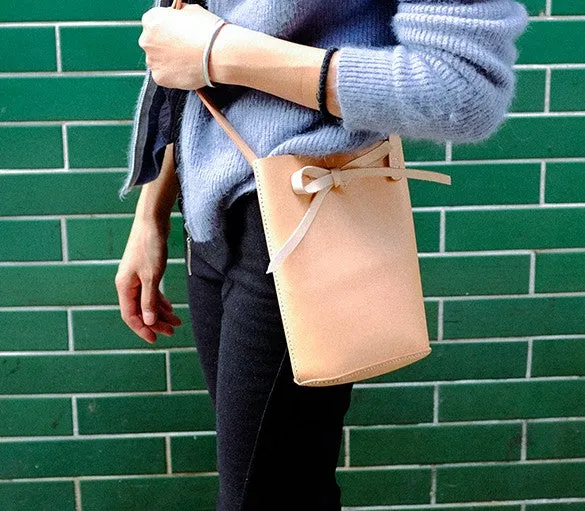Handmade Leather Beige Womens Bucket Purse Barrel Shoulder Bag for Women