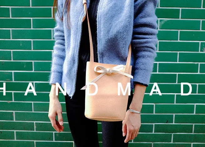 Handmade Leather Beige Womens Bucket Purse Barrel Shoulder Bag for Women