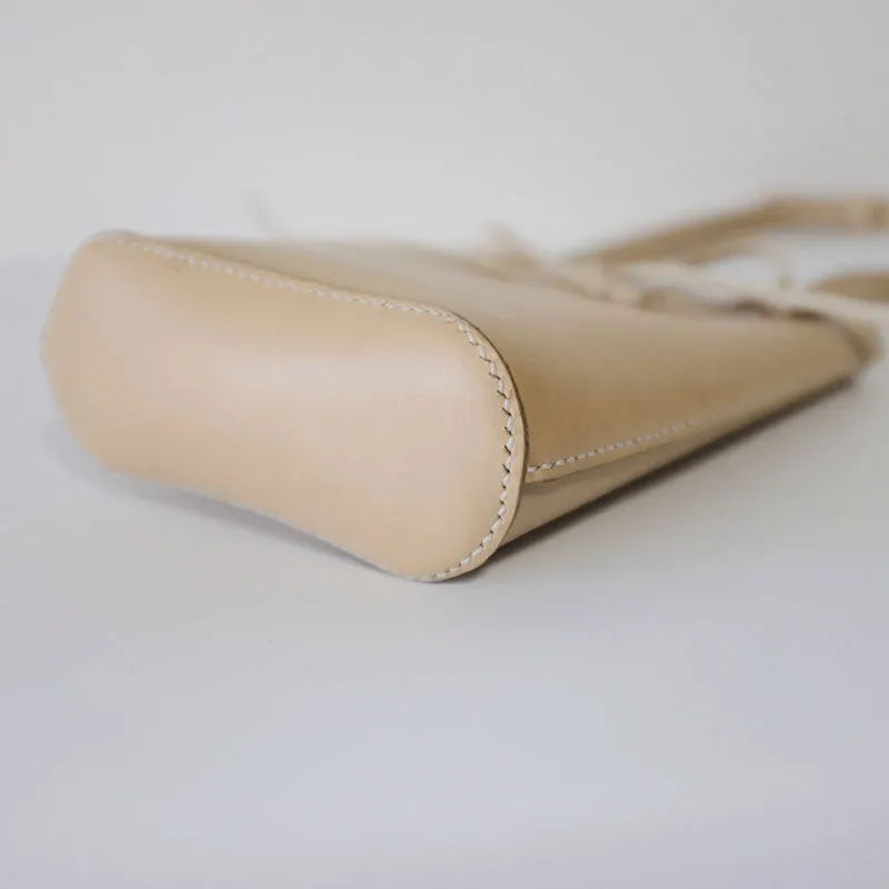 Handmade Leather Beige Womens Bucket Purse Barrel Shoulder Bag for Women