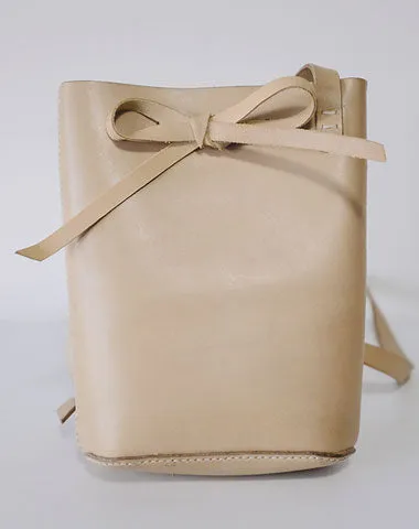 Handmade Leather Beige Womens Bucket Purse Barrel Shoulder Bag for Women