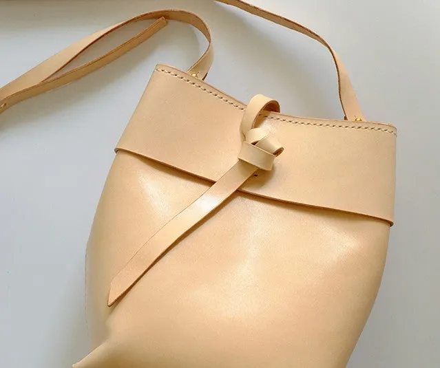 Handmade Leather Beige Womens Bucket Purses Barrel Shoulder Bags for Women