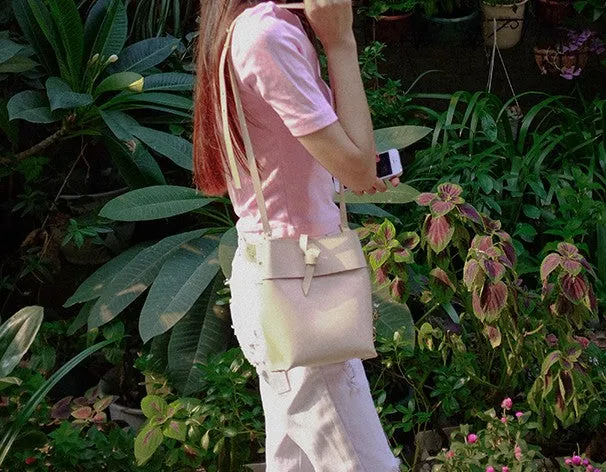 Handmade Leather Beige Womens Bucket Purses Barrel Shoulder Bags for Women