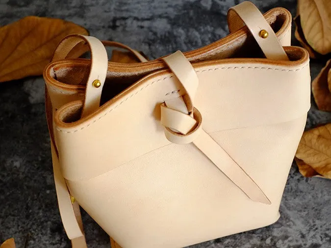 Handmade Leather Beige Womens Bucket Purses Barrel Shoulder Bags for Women