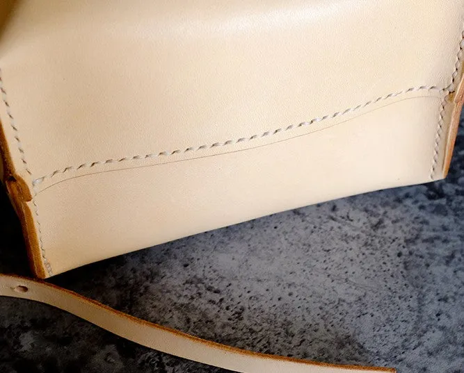 Handmade Leather Beige Womens Bucket Purses Barrel Shoulder Bags for Women